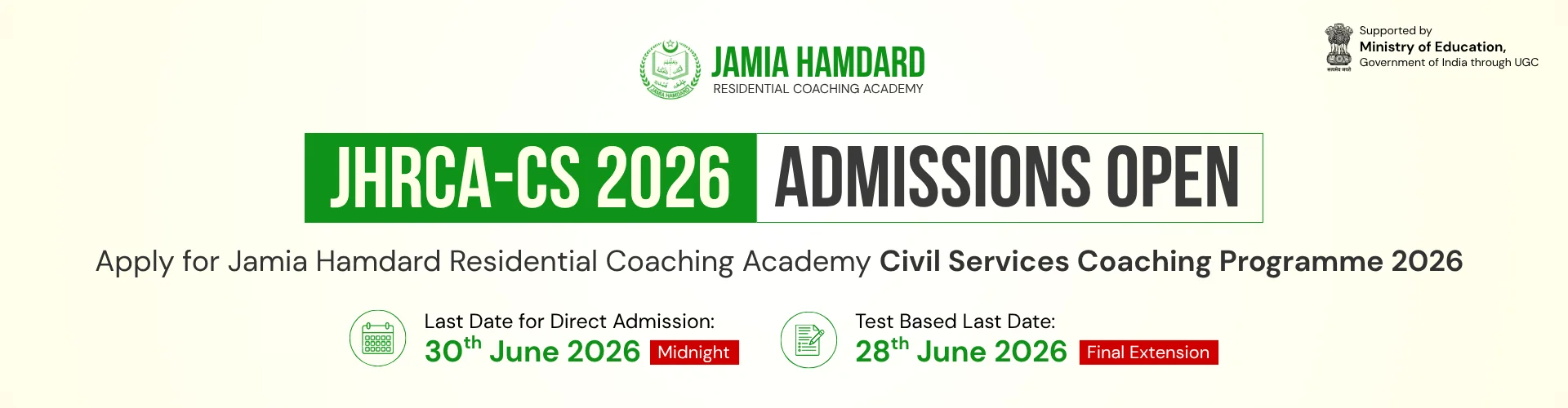 JHRCA Direct Admission to the Civil Services Programme 2026-27 — for UPSC CSE Mains 2026 qualified candidates